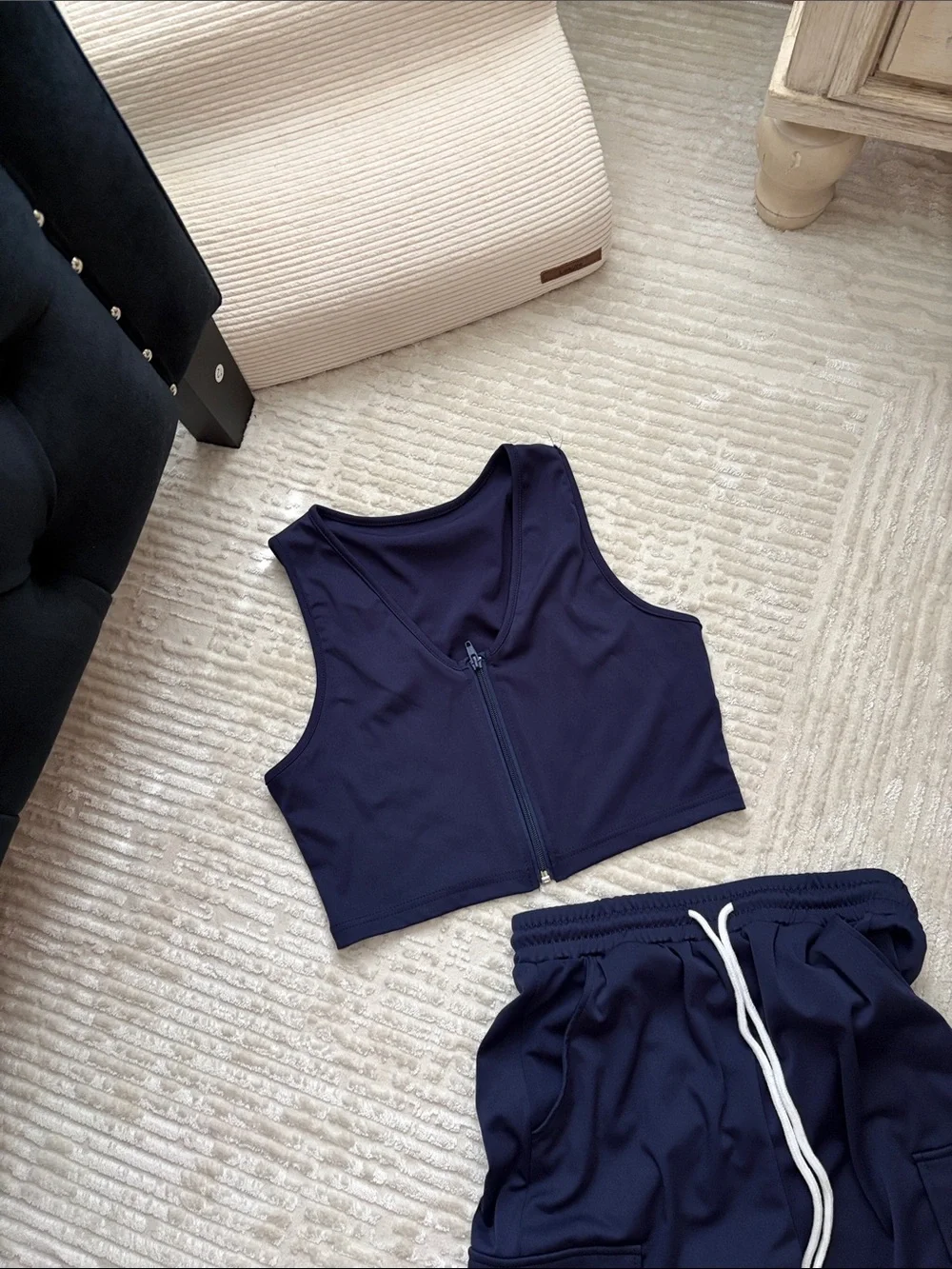 Navy Cargo Joggers with Matching Zip Crop Top Set